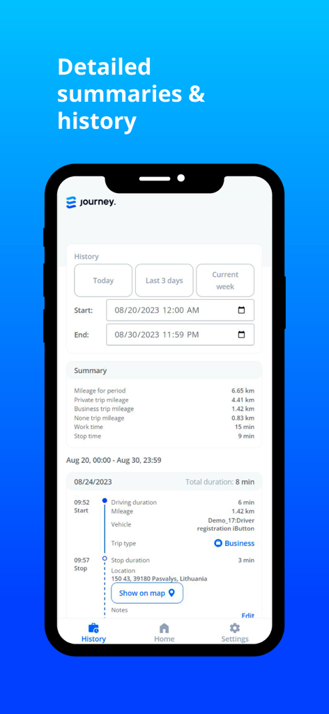 Journey tracks - Journey tracks app interface displaying a detailed trip history and mileage summary