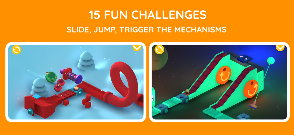 Pango Bakery: Obstacle Course - Gameplay screens of Pango Bakery showing winter and space themed obstacle courses for kids