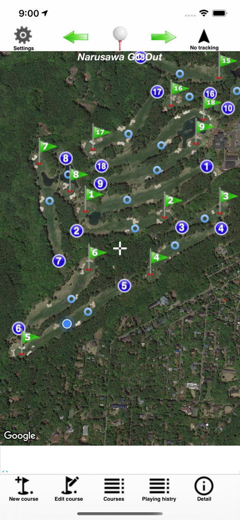 Satellite view of a golf course map with numbered hole markers in the Golf Shot Navi application