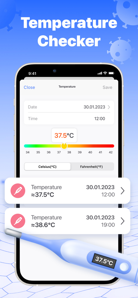 Vaccine & Immunization Record - Interface of a temperature checker tool showing body temperature logs and a digital thermometer