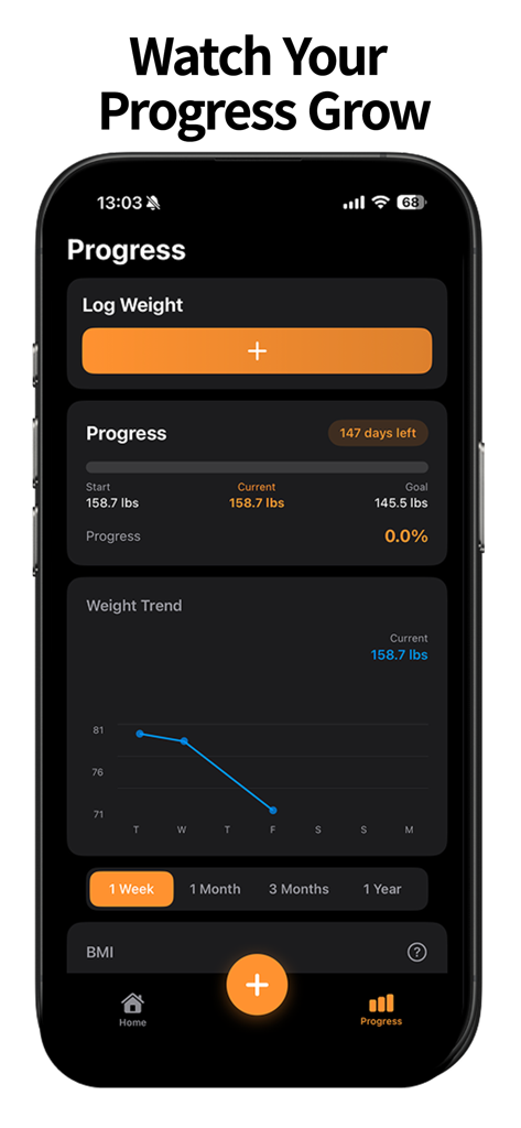 CalLab: Photo Calorie Counter - Weight tracking and progress dashboard in the CalLab app showing goals and weight trend chart