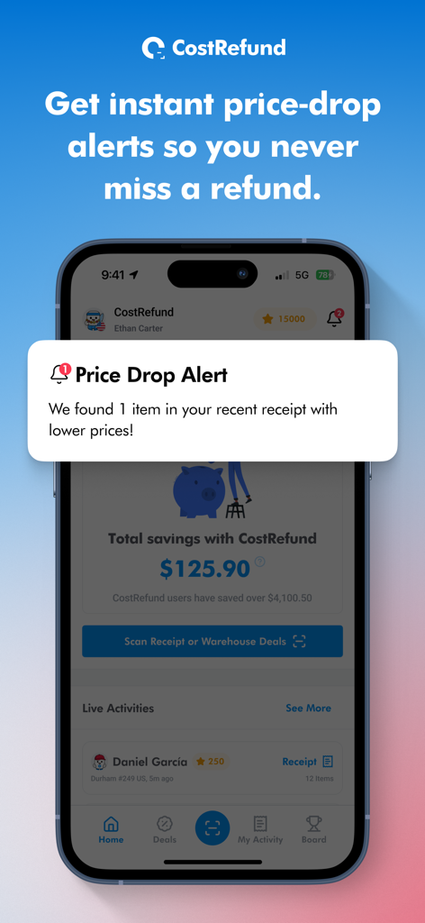 A smartphone displaying a Price Drop Alert notification from the CostRefund app for a Costco purchase.