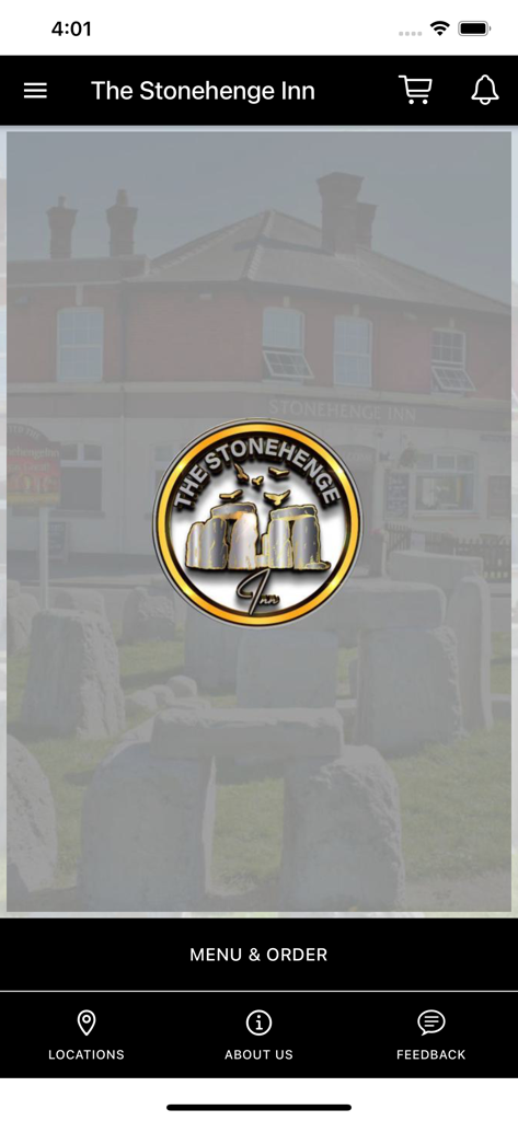 Stonehenge Inn - Home screen of the Stonehenge Inn mobile app showing the restaurant logo and ordering menu.