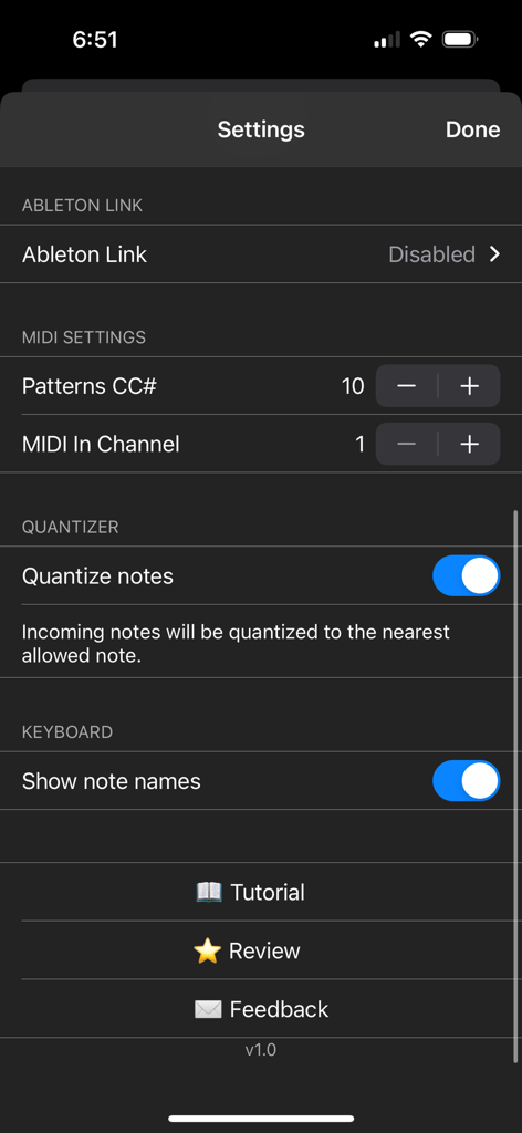Note to Be - MIDI Quantizer - Settings screen of the Note to Be MIDI Quantizer app featuring Ableton Link and MIDI configuration options