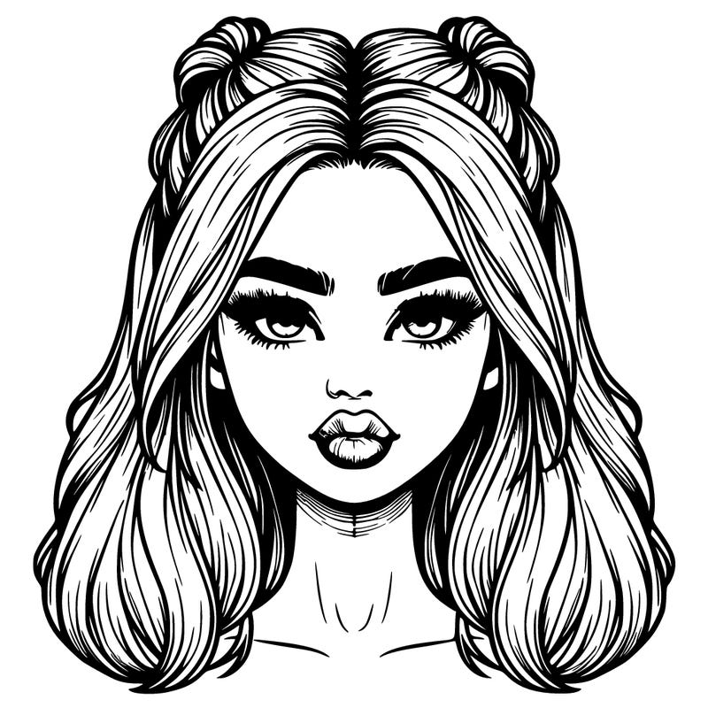 realistic girl with half up half down hair style and split down the middle with lips and a nose