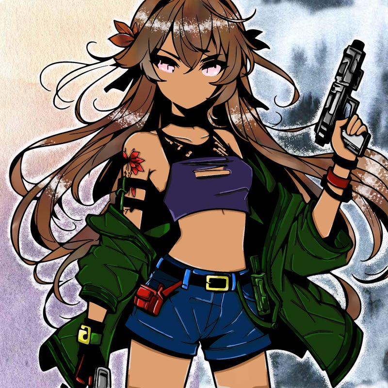 bad girl wearing crop top holding a gun long hair anime