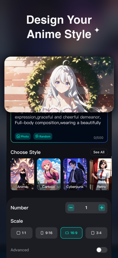 Interface of AnimeGen AI Art Generator app showing character style options like Anime Cartoon Cyberpunk and Retro with aspect ratio settings