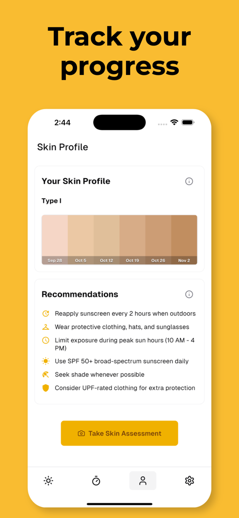 UV Tan: Tanning & Sun Tracker - UV Tan app skin profile interface showing tanning progress and sun safety recommendations