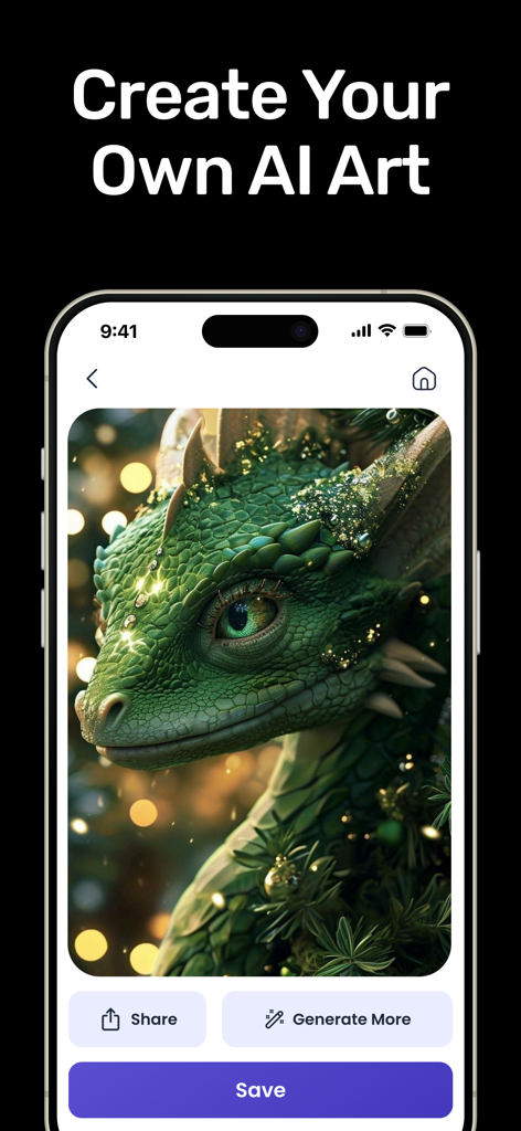 AI Art & Image Generator - アプリインターフェース内のAI生成された緑色のドラゴンの画像を示すスマートフォンの画面