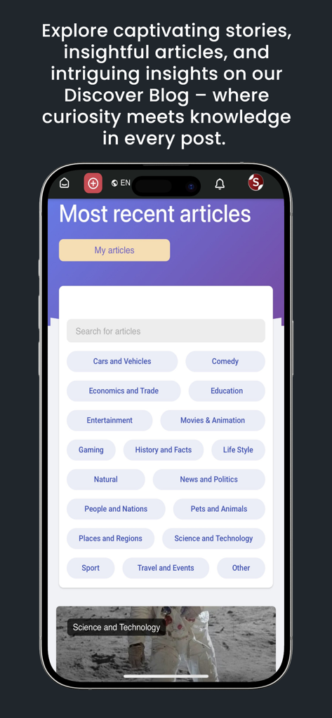 Sara App blog section displaying article categories and search bar