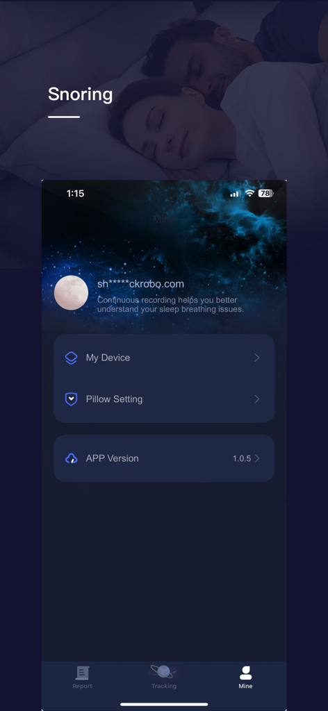 Pantalla de configuración de la aplicación Anti-Snore Lab que muestra el perfil del usuario, la configuración de la almohada y las opciones de gestión del dispositivo