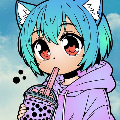 anime cat drinking boba tea