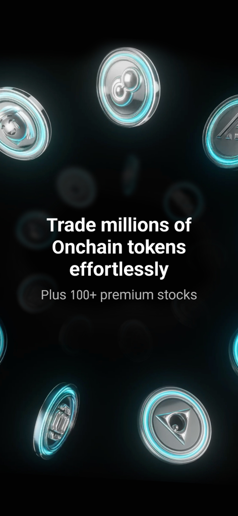 A promotional screen for Bitget highlighting the ability to trade millions of on-chain tokens and over 100 premium stocks featuring floating digital coins on a dark background.