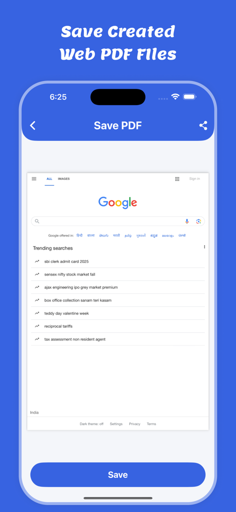 Web To PDF : Scanner & Reader - ウェブページをPDFドキュメントとして保存するアプリのインターフェース。