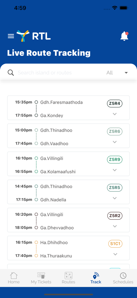 RTL Travel App - Interface de l'application RTL Travel montrant le suivi des itinéraires en direct et les horaires des ferries pour les Maldives