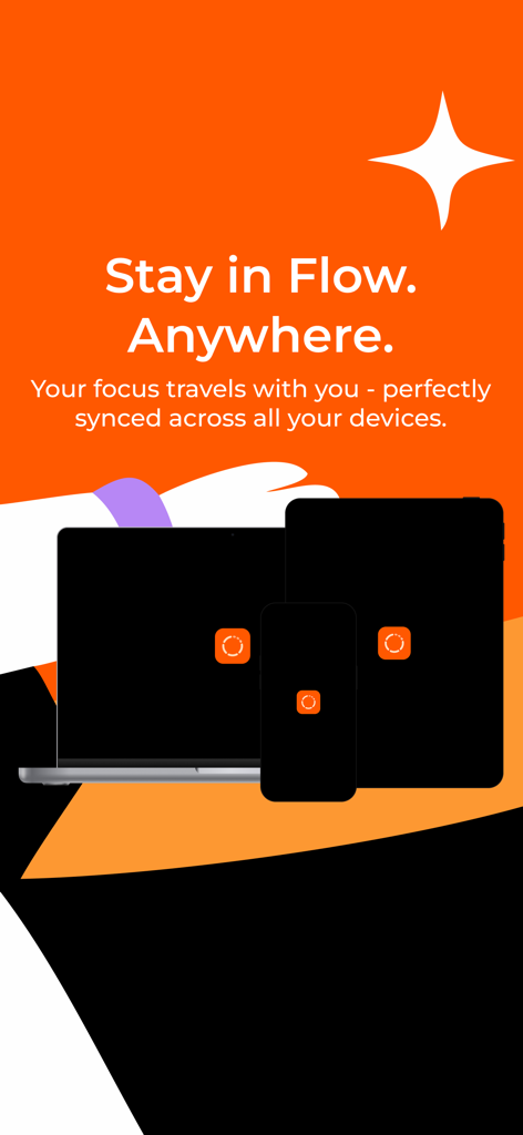 Focus Now - Pomodoro Timer - Promotional graphic for Focus Now Pomodoro Timer showing the app synced across a laptop, smartphone, and tablet