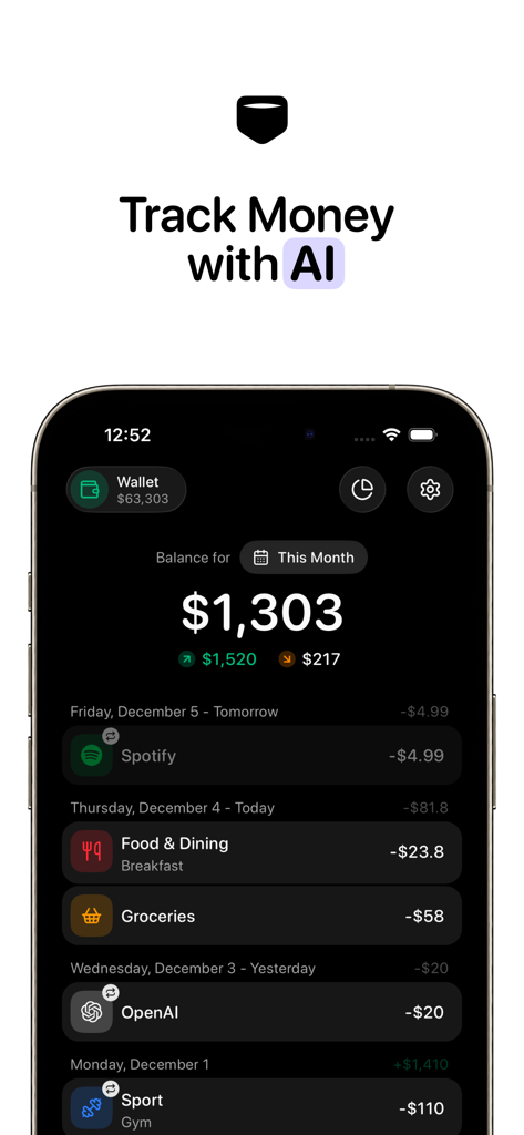 AI Expense Tracker - Qalta - Dashboard of Qalta AI Expense Tracker app showing a monthly balance and recent categorized transactions like dining and subscriptions.