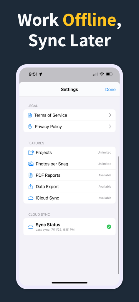 パンチリストアプリの設定画面に、オフライン作業機能とiCloud同期ステータスが表示されています