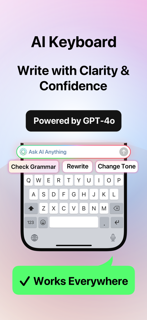 L'interface du clavier IA AnyWrite montrant les fonctionnalités de vérification grammaticale, de reformulation et de changement de ton alimentées par GPT-4o
