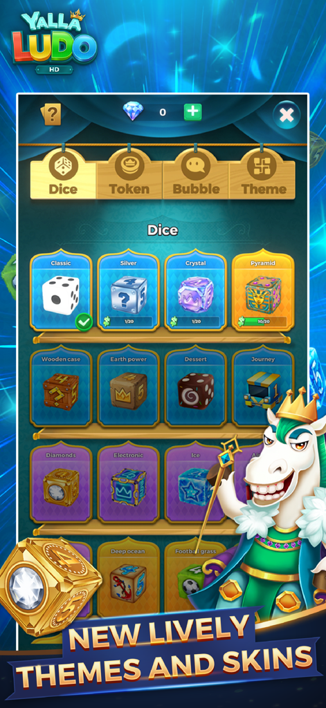 Selection menu for custom dice skins and lively themes in Yalla Ludo HD for iPad