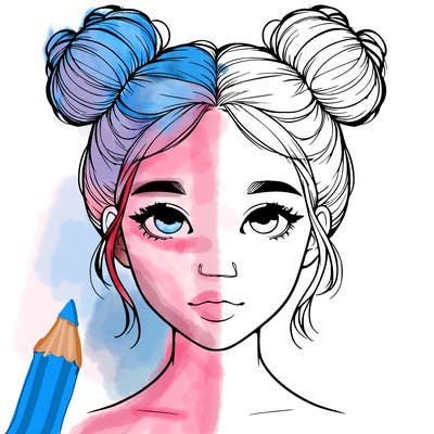 realistic girl with two buns on top of her head