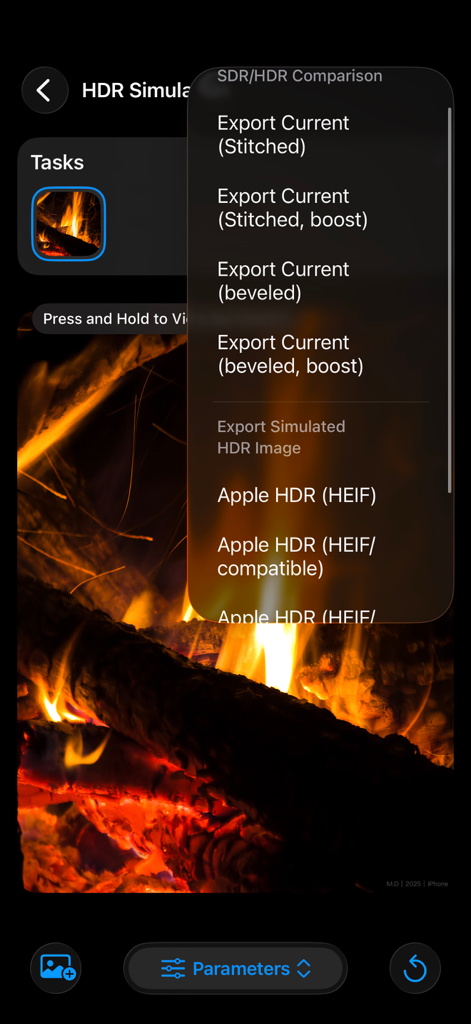 HDR Transformerインターフェース。キャンプファイヤーのシミュレーションHDR画像の書き出しオプションとフォーマットが表示されています。