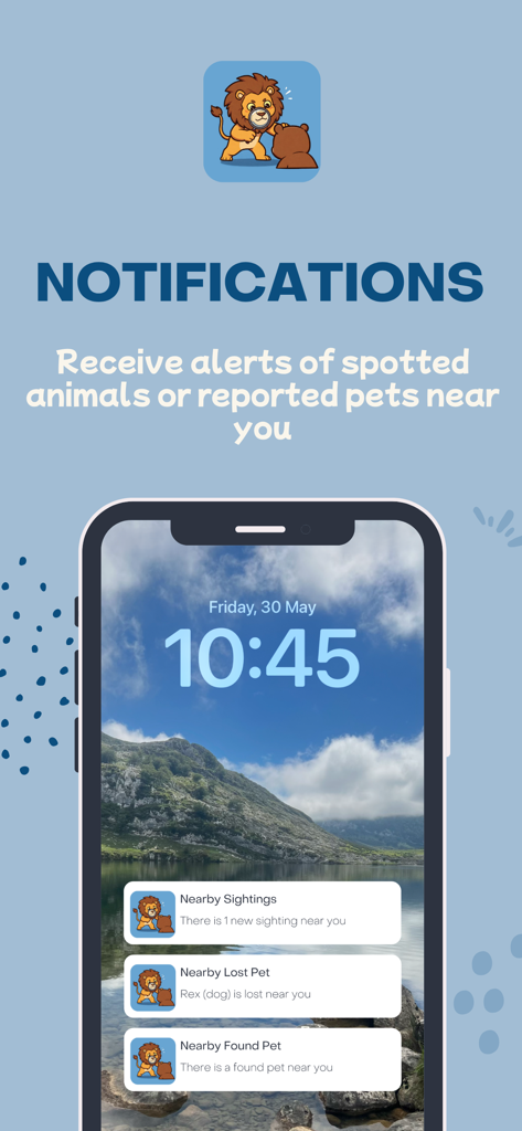 Furtrace - A smartphone lock screen showing Furtrace app notifications for nearby lost pets and animal sightings
