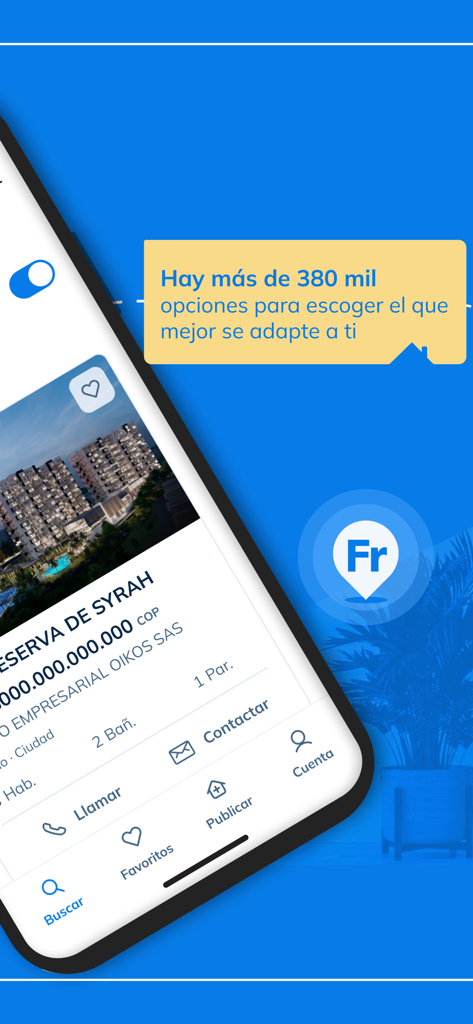 Finca Raiz mobile app interface showing a property listing with search and contact options