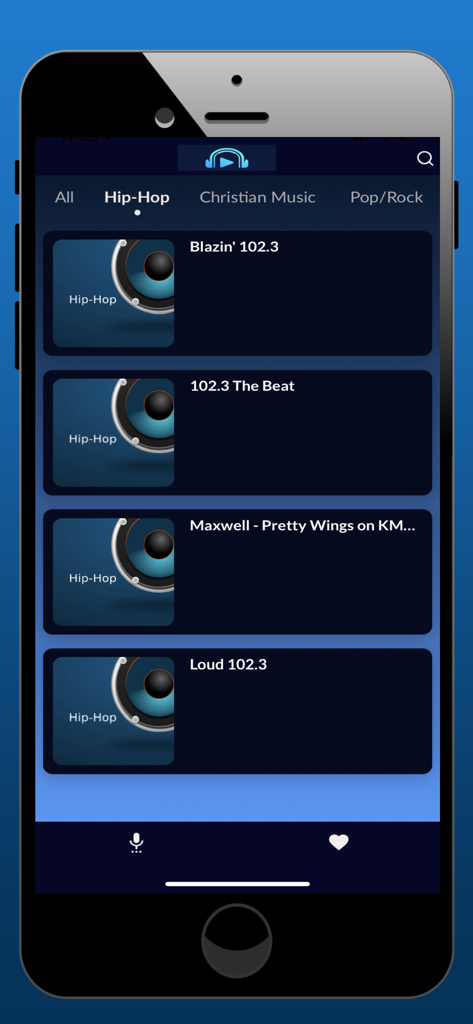 102.3 FM Radio Stations App - Mobile interface of 102.3 FM Radio Stations App displaying a selection of Hip-Hop stations.