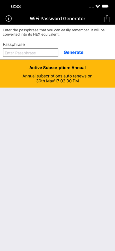 WiFi 비밀번호 생성기 앱 인터페이스에 구문 입력란과 활성 연간 구독 배너가 표시됨