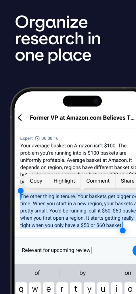 AlphaSense - AlphaSense app interface showing a user highlighting expert transcript text and adding a note for research