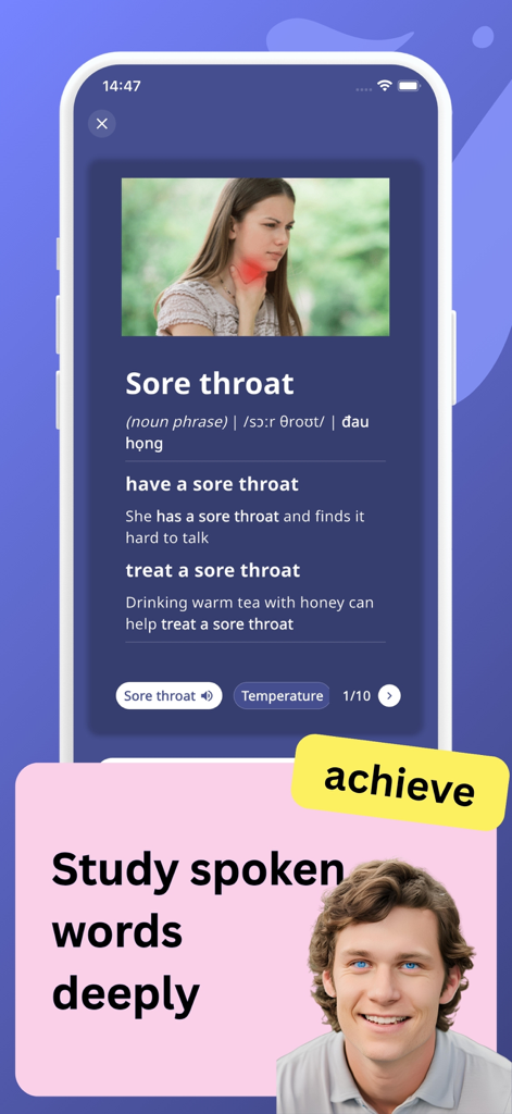 Hala: Speak English with AI - Hala English app screenshot showing a vocabulary card for sore throat with pronunciation examples and translation