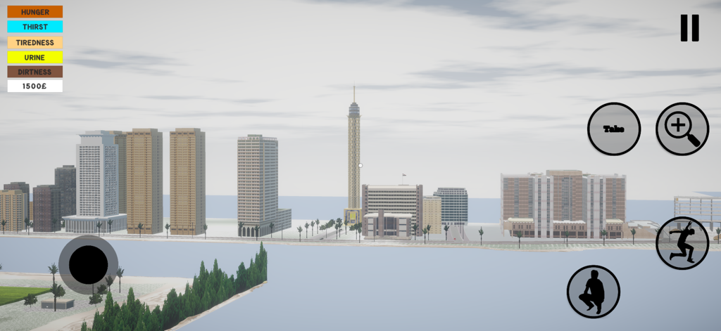 Egyptian Life - Gameplay screenshot of Egyptian Life showing the Cairo skyline with the Cairo Tower and survival status bars