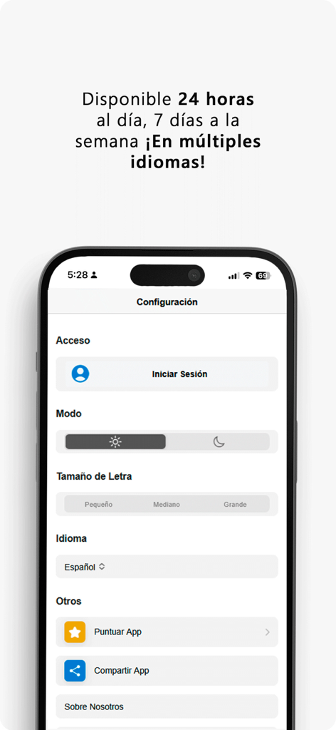 Biblia.chat: Read. Hear. Chat. - Tela de configurações do aplicativo Biblia.chat mostrando opções de idioma, tamanho da fonte e modo claro ou escuro.