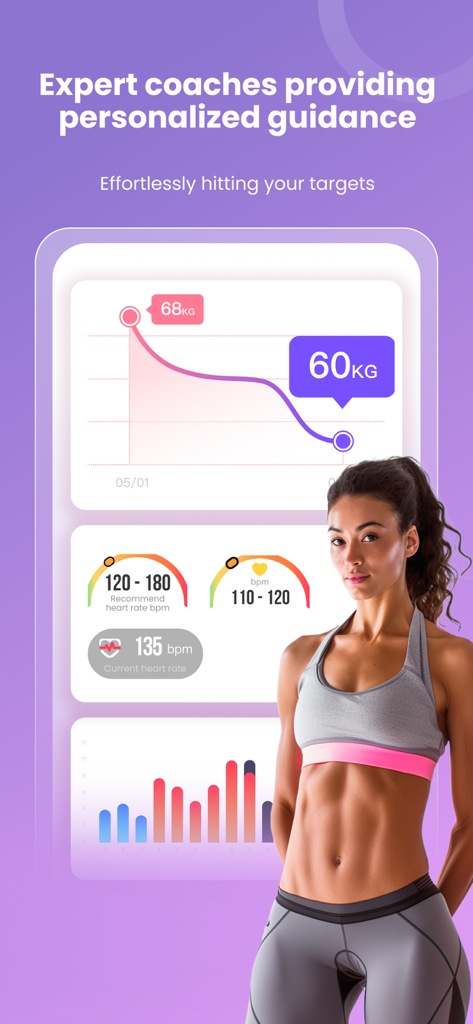 SPAX - SPAX app interface showing a weight loss progress chart and heart rate monitoring metrics next to a fitness instructor