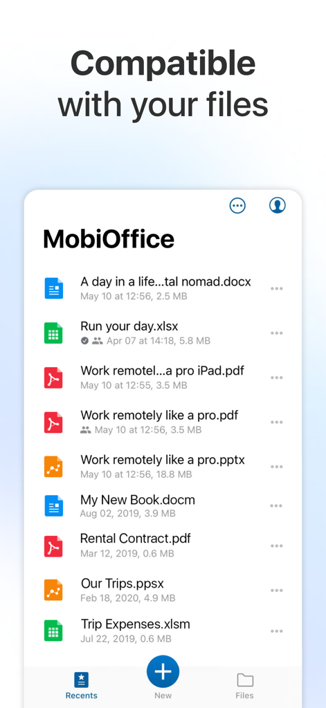 Interfaz de la aplicación MobiOffice que muestra una lista de archivos compatibles, incluidos documentos de Word, Excel, PDF y PowerPoint