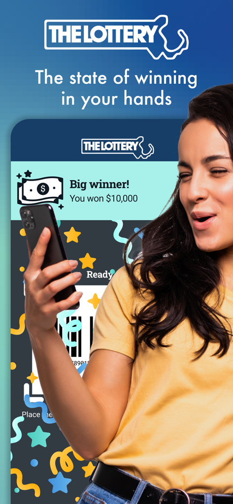 A woman celebrating a ten thousand dollar win after scanning her ticket with the official Massachusetts Lottery app