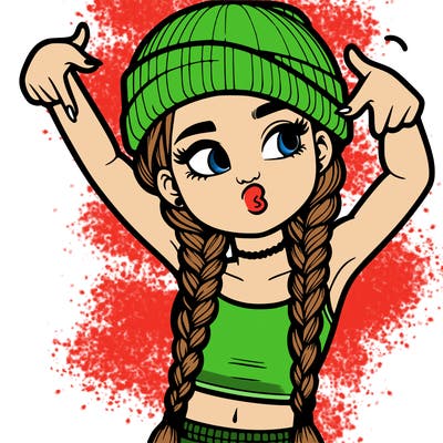 realistic teenage girl with braids and a beanie and crop top doing 🫶🏼