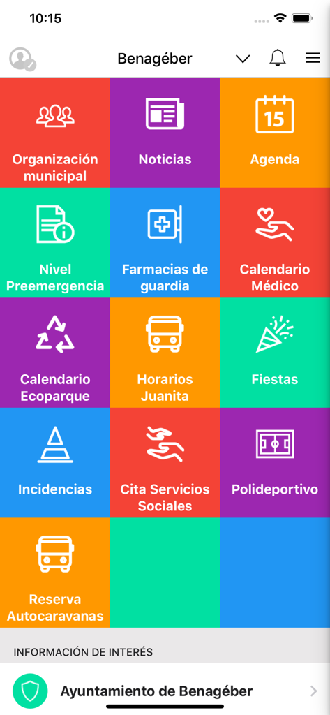 Ajuntaments de València - Menu principale dell'app Ajuntaments de Valencia che mostra una griglia di servizi municipali locali