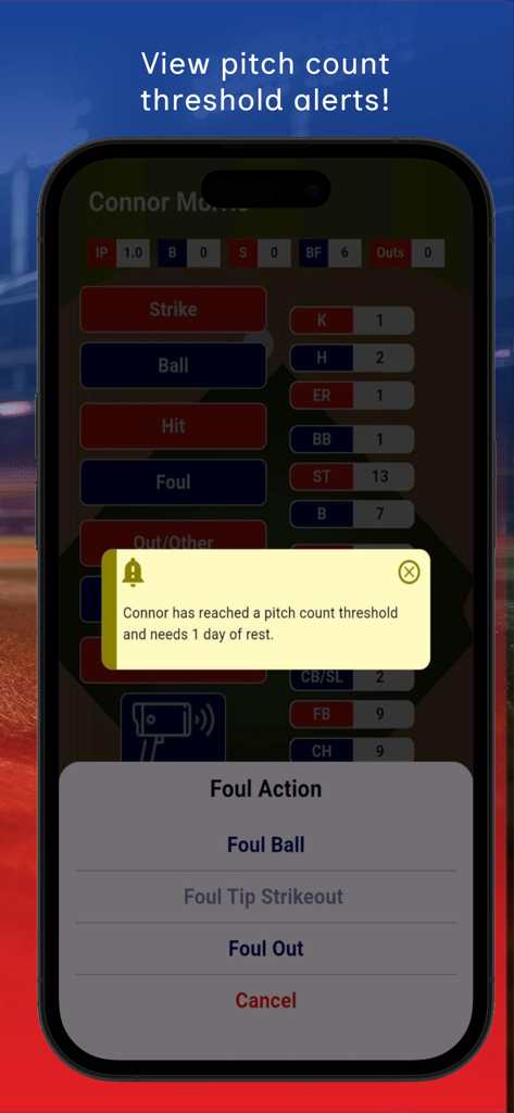 Tela de smartphone mostrando um alerta de limite de contagem de arremessos e recomendação de descanso para um arremessador de baseball.