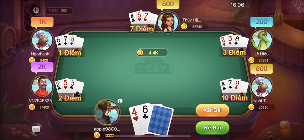 Tiến Lên Miền Nam - Đánh Bài - A 3 Cay card game session with six players and virtual avatars at a green table
