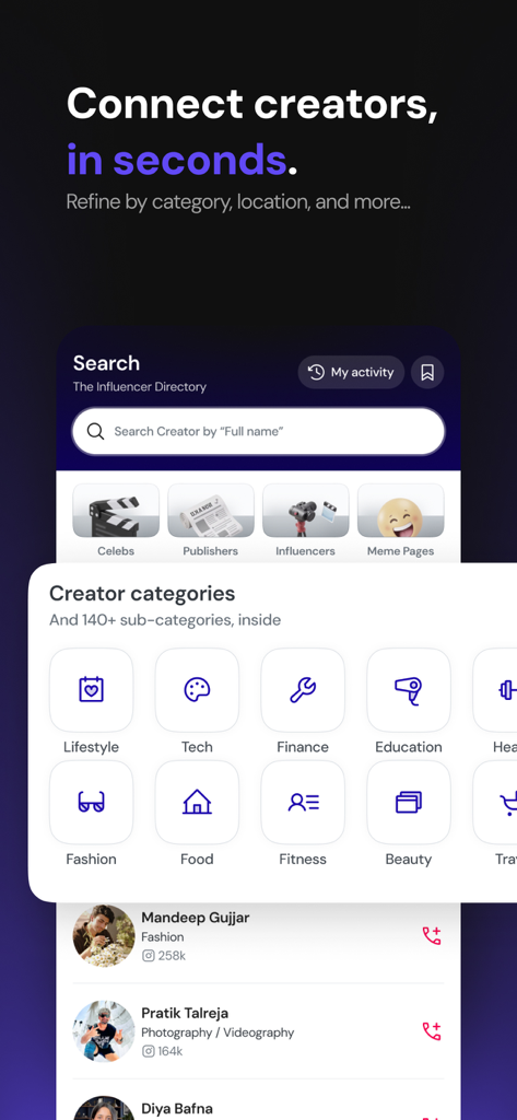 HashFame - HashFame app interface showing influencer search by categories and verified creator profiles