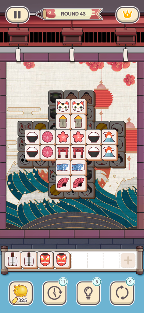 Jugabilidad de Tile Fun mostrando un tablero de puzzle de coincidencia de losetas temático japonés con estética Zen