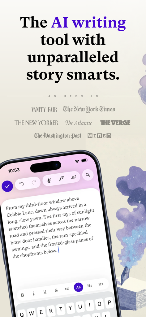 Sudowrite AI novel writing app interface on an iPhone featuring a story draft and major press mentions