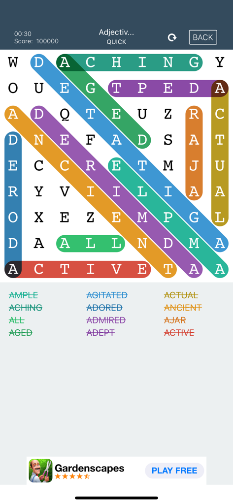 Capture d'écran du gameplay de Puzzles de mots cachés RJS montrant des mots colorés mis en évidence dans une grille de lettres
