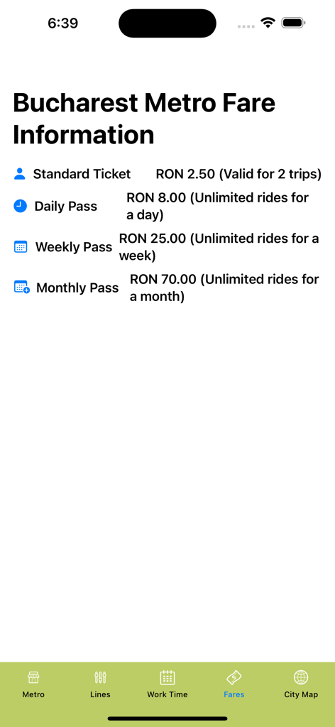 Bucharest Subway Map - A screen from the Bucharest Subway Map app showing fare information for standard tickets and various passes.