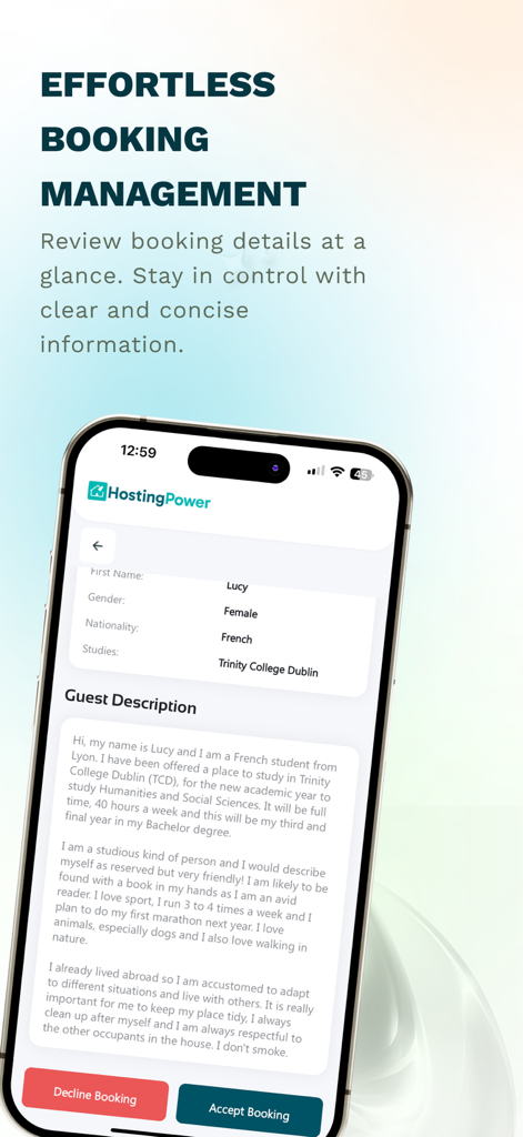 Hosting Power App-Oberfläche, die Gastprofildetails mit Optionen zur Annahme oder Ablehnung einer Buchung zeigt