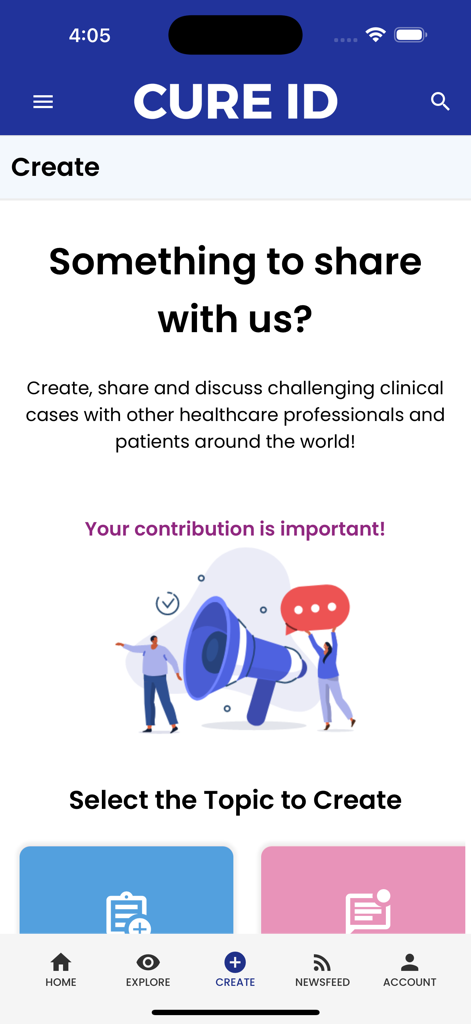 CURE ID - CURE ID app create screen inviting healthcare professionals and patients to share challenging clinical cases and medical experiences.