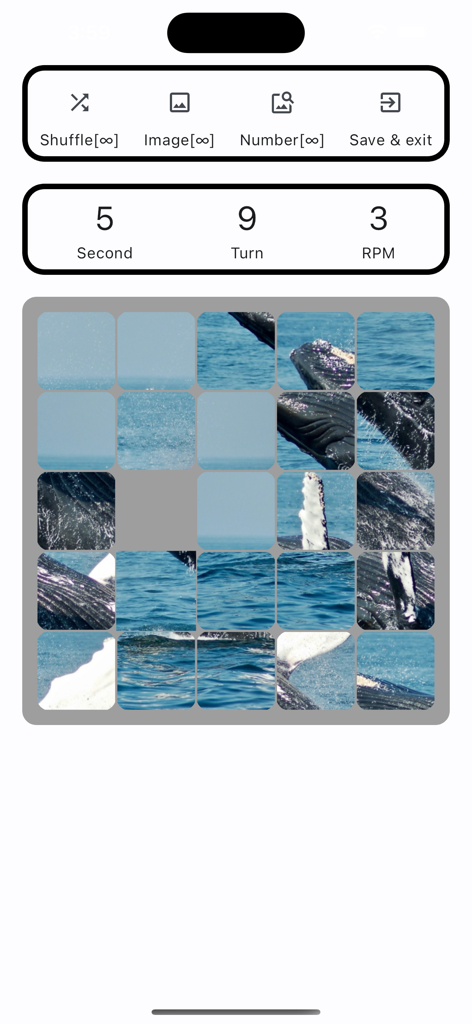 Moving Sliding Puzzle Game screen featuring a 5x5 ocean image puzzle and gameplay stats
