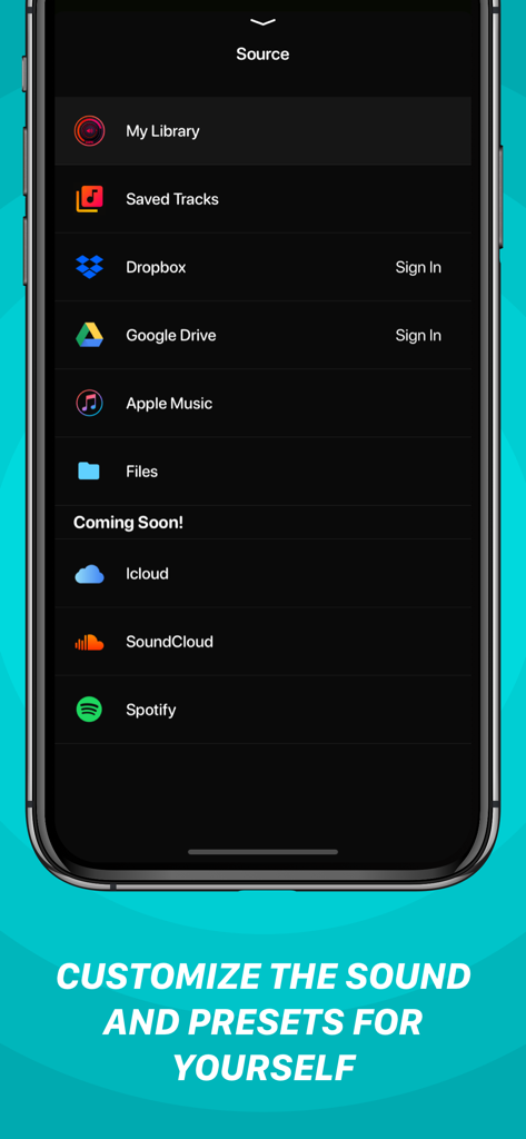 Volume Bass Booster-Equalizer+ - Music source selection screen in Volume Bass Booster app showing options for local library Dropbox Google Drive and Apple Music.